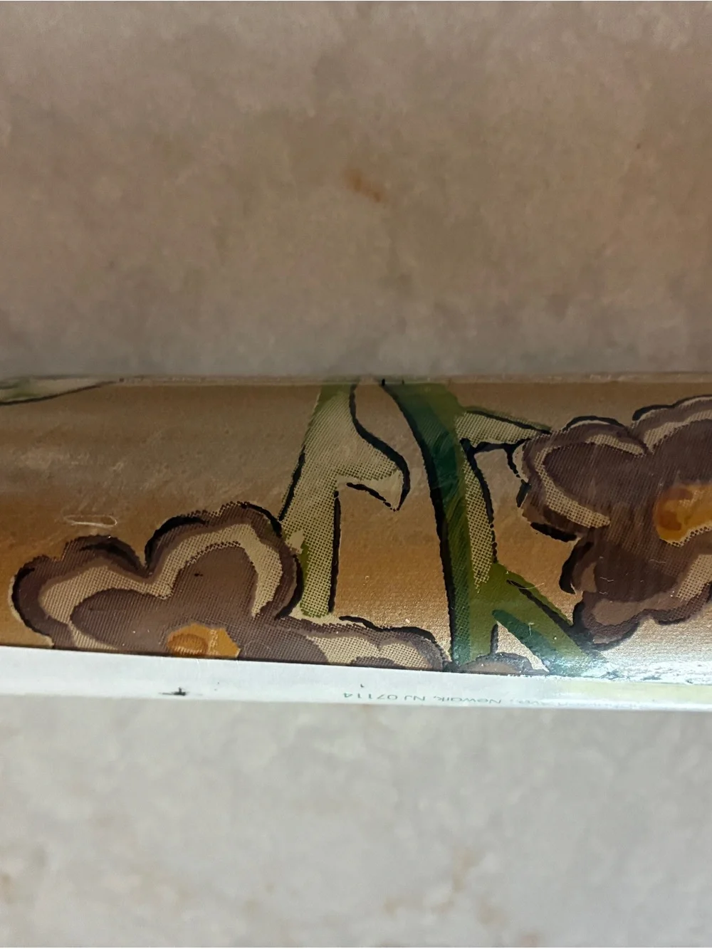 Gold Floral Wallpaper Roll with Green Stem Accents